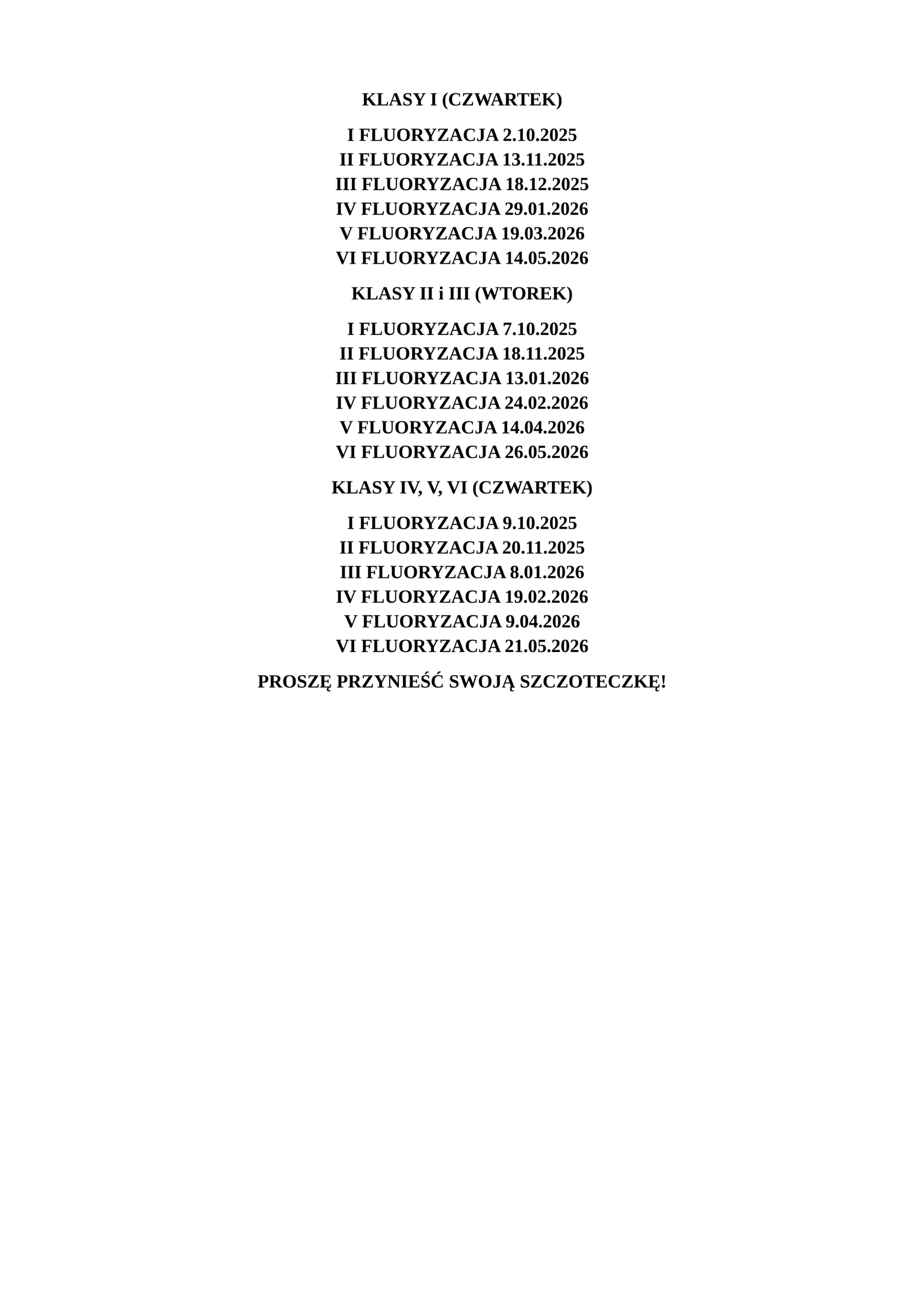 HARMONOGRAM FLUORYZACJI ZĘBÓW W ROKU SZKOLNYM 2025/2026