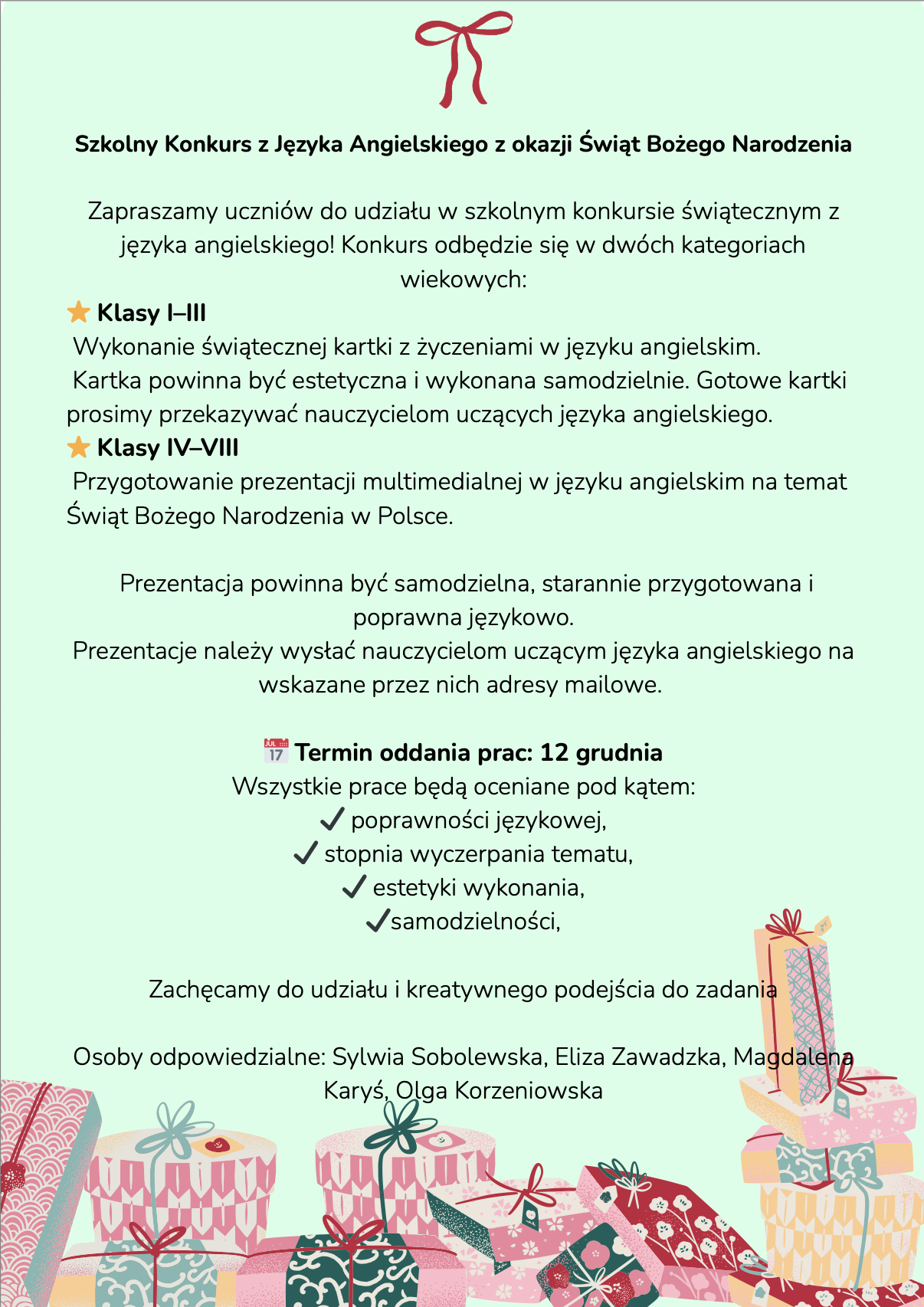 📢 Zapraszamy uczniów do udziału w świątecznym konkursie z języka angielskiego!